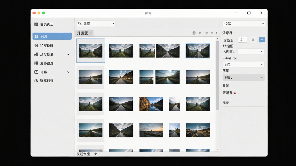 一张展示图片批处理王软件界面的预览图,画面中央是软件主窗口,左侧为功能导航栏,右侧为图片列表与参数设置区域,多张缩略图整齐排列,整体布局清晰有序,界面风格简洁现代,采用浅色主题,画质清晰,干净无多余元素