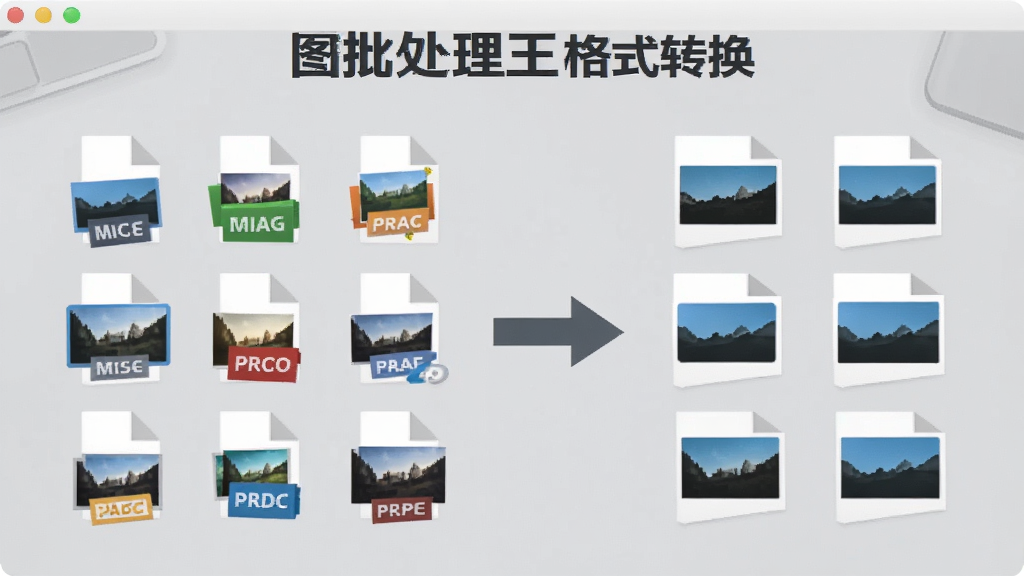 一张展示图片批处理王格式转换功能的预览图,画面中多张不同格式的图片文件图标排列在左侧,经过箭头指向右侧统一的输出格式图标,背景为简洁的浅灰色工作台面,配以软件名称文字标识,风格扁平化,画质清晰,干净无多余元素
