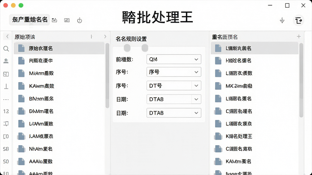 一张展示图片批处理王批量重命名功能的预览图,画面中左侧为原始文件名列表,右侧为重命名后的文件名预览列表,中间为命名规则设置区域,包含前缀、序号、日期等选项,背景为整洁的白色界面,配以软件名称文字标识,风格素雅极简,画质清晰,干净无多余元素