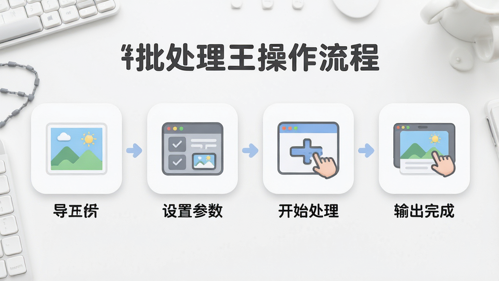 一张展示图片批处理王操作流程的预览图,画面中从左到右依次为导入图片、设置参数、开始处理、输出完成四个步骤的示意图,每个步骤配有简洁图标与文字说明,背景为干净的白色工作台,配以软件名称文字标识,风格柔和圆角,画质清晰,干净无多余元素