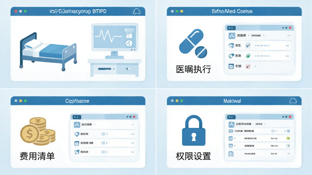 一幅表现比特住院部管理系统 BITIPD网络版核心功能的插画,画面分为四个区域,分别描绘床位管理界面、医嘱执行界面、费用清单界面和权限设置界面,每个区域都有简洁的图标和文字标注,整体采用扁平化医疗科技风格,色调以蓝白为主,细节包括床位图标、药丸图标、钱币图标和锁形图标,画质清晰,干净无多余元素