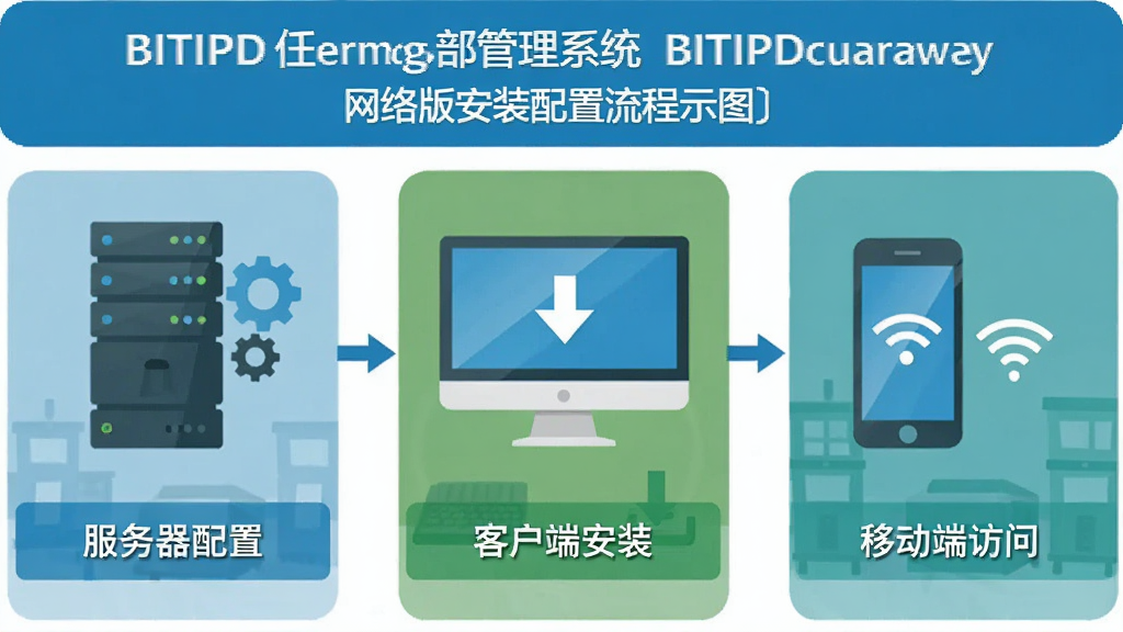 一张展示比特住院部管理系统 BITIPD网络版安装配置流程的示意图,画面从左到右依次为服务器配置、客户端安装、移动端访问三个步骤,每个步骤配有简洁的电脑或手机图标和文字说明,整体风格为扁平化信息图,色调以蓝绿为主,细节包括齿轮图标、下载箭头和WiFi信号图标,画质清晰,干净无多余元素
