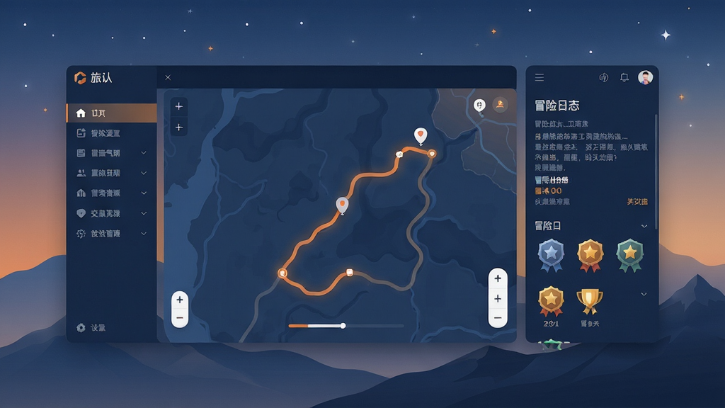 旅人软件主界面全景展示,画面中央是打开的地图与路线轨迹界面,左侧为功能导航栏,右侧显示冒险日志与成就徽章,背景为柔和的山脉与星空渐变,整体采用深蓝与暖橙配色,风格现代简约,细节清晰,画质干净,无多余元素