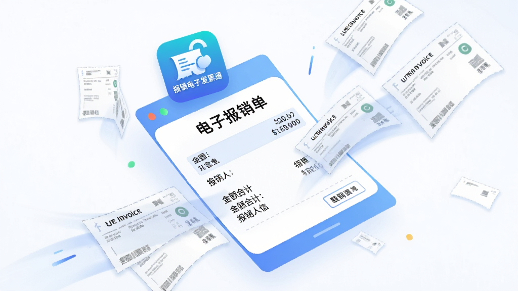 画面主体是一张悬浮在空中的电子报销单,报销单上方有“报销电子发票通”应用图标,报销单周围散落着几张电子发票,发票正以动画形式飞入报销单中,布局采用对角线构图,排版动感流畅,风格为现代商务插画风,细节上报销单清晰显示金额合计与报销人信息栏,画质高清,画面干净,无多余元素