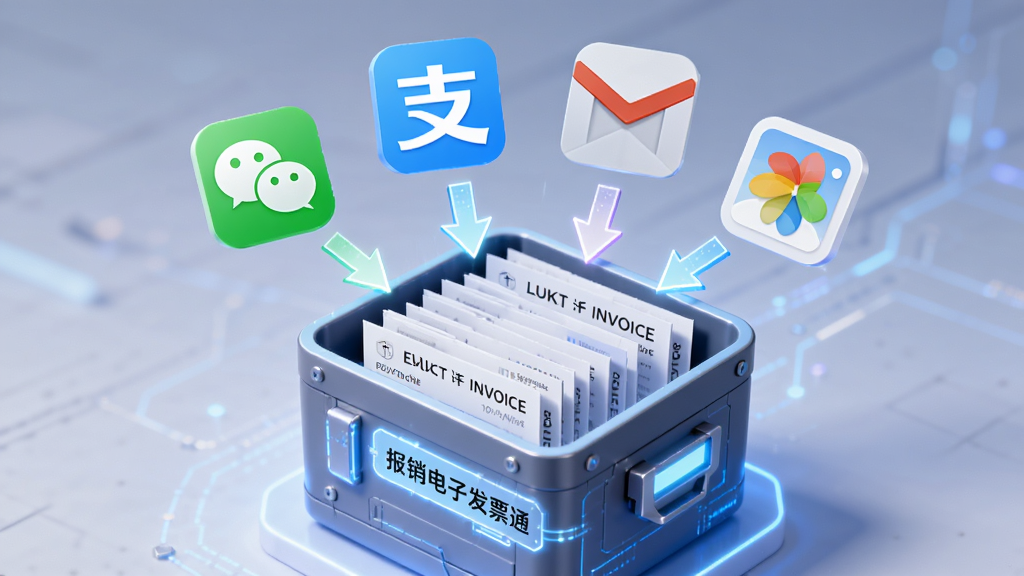 画面中央是一个发光的数字收纳盒,盒子上方漂浮着微信、支付宝、邮箱、相册等应用图标,图标以箭头形式指向收纳盒,收纳盒内部整齐排列着电子发票文档,布局采用中心放射构图,排版层次分明,风格为科技感插画风,细节上收纳盒带有“报销电子发票通”字样标签,画质高清,画面干净,无多余元素