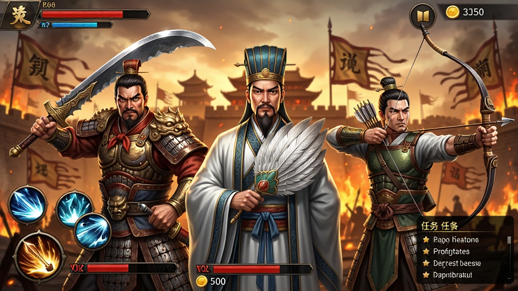 猛将勇士游戏主界面截图,画面中央展示三位三国武将并排站立,左侧为持刀猛将,中间为羽扇军师,右侧为弓箭手,背景是燃烧的城池与战旗,布局采用竖版手机屏幕比例,风格为写实国风游戏UI,细节包含技能按钮、血条、金币数量、任务追踪栏,画质高清,干净,无多余元素