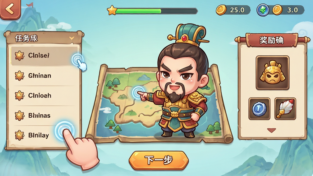 猛将勇士新手引导界面截图,画面中央是一位Q版三国军师正在指点地图,左侧显示任务列表,右侧为奖励预览框,底部有“下一步”按钮,布局为竖版手游界面,风格为清新卡通国风,细节包含手指点击特效、进度条、资源图标,画质高清,干净,无多余元素