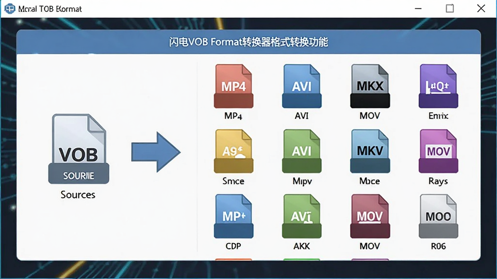 一张展示闪电VOB格式转换器格式转换功能的图片,主体为软件界面中央的格式选择面板,布局为左侧VOB源文件图标向右箭头指向右侧多种格式图标阵列,排版为横向流程式,风格为扁平化科技风格,细节包括MP4、AVI、MKV、MOV等彩色格式图标和转换箭头,画质高清,画面干净,无多余元素