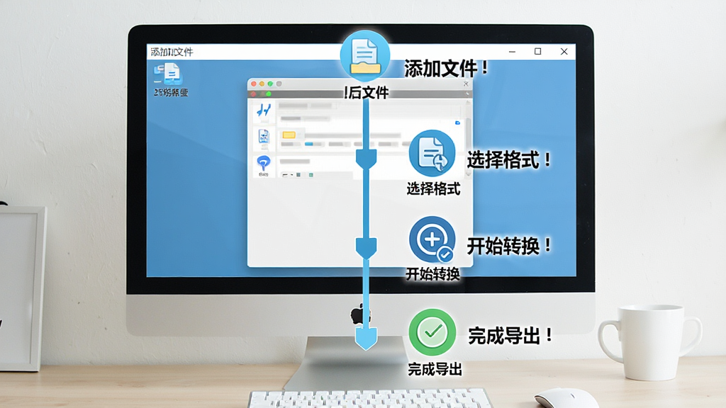 一张展示闪电VOB格式转换器新手操作流程的图片,主体为电脑屏幕上的软件操作界面,布局为从上到下的步骤流程图,排版为纵向时间线式,风格为清新教学风格,细节包括添加文件、选择格式、开始转换、完成导出四个步骤图标和文字标注,画质高清,画面干净,无多余元素