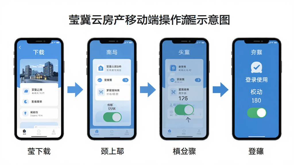 莹冀云房产移动端操作流程示意图,画面展示从下载安装到登录使用的步骤分解,布局为横向流程图,风格为扁平化信息图,细节包含手机图标、箭头引导、权限开关示意,画质清晰干净无多余元素