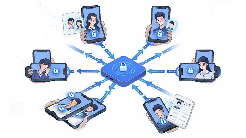 莹冀云房产团队协作功能示意图,画面展示多名用户通过手机连接至同一数据平台,布局为放射状连接结构,风格为简洁科技插画,细节包含用户头像、权限锁图标、数据流向箭头,画质清晰干净无多余元素