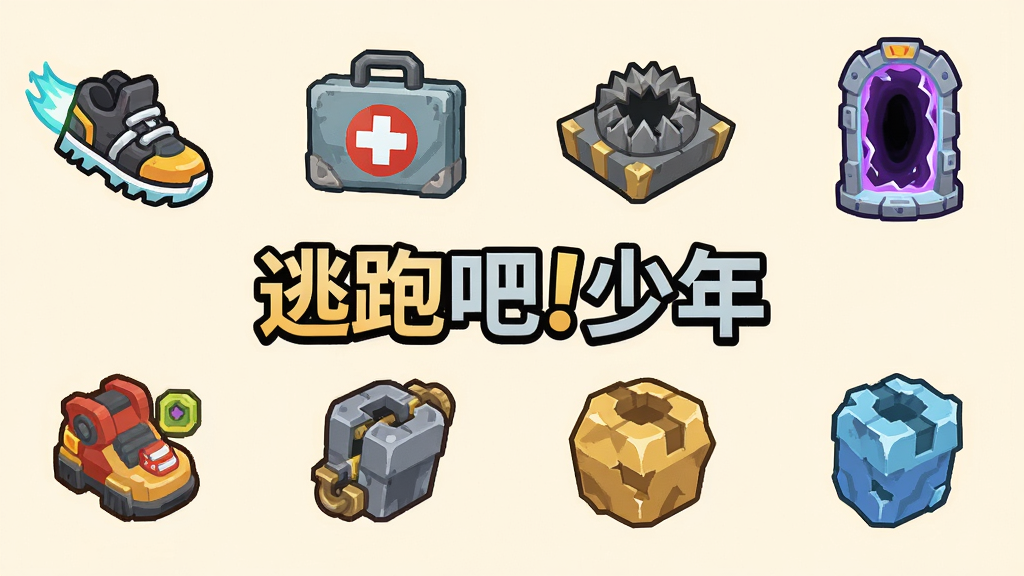 逃跑吧!少年游戏道具展示图,画面主体为多种游戏道具图标整齐排列在浅色背景上,布局为网格状排版,风格为扁平卡通图标设计,细节包括加速鞋、治疗包、陷阱夹、传送门等道具,画面中央标注“逃跑吧!少年”文字,画质高清干净,无多余元素