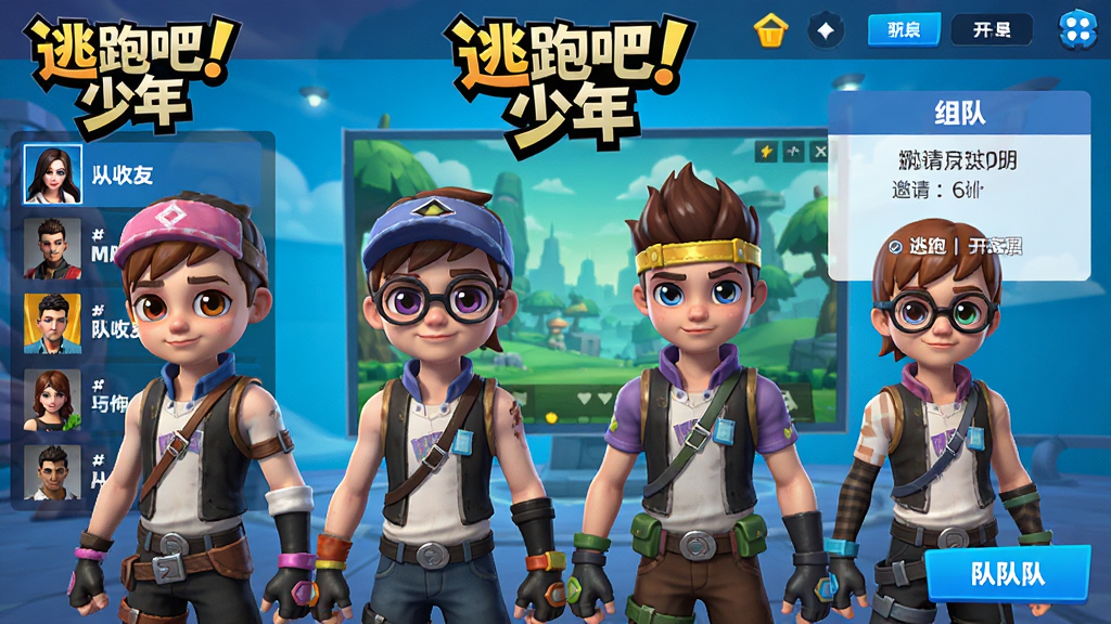逃跑吧!少年多人开黑场景,画面中四个卡通角色并排站立在游戏大厅界面,布局为横向排列,排版包含好友列表和组队按钮,风格为明亮可爱的游戏UI风格,细节有“逃跑吧!少年”游戏Logo和组队邀请弹窗,画质清晰干净,无多余元素
