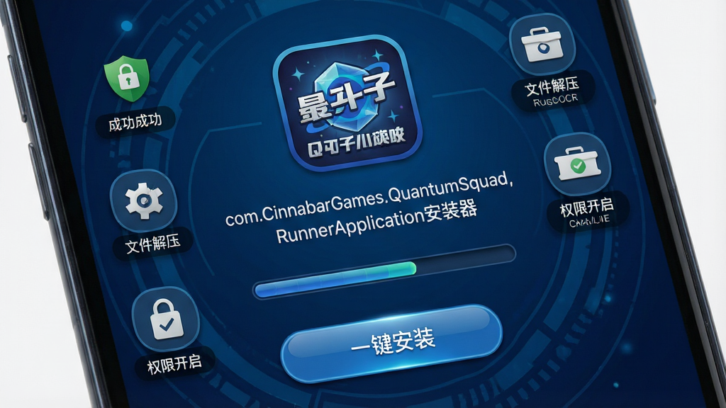 一张手机屏幕特写,屏幕中央显示“com.CinnabarGames.QuantumSquad.RunnerApplication安装器”的安装界面,界面采用深蓝色科技感背景,上方有量子小队游戏图标,下方有进度条和“一键安装”按钮,周围环绕着安装成功、文件解压、权限开启等小图标,布局简洁对称,风格为扁平化科技风,细节包括按钮高光、图标微阴影,画质高清,干净,无多余元素