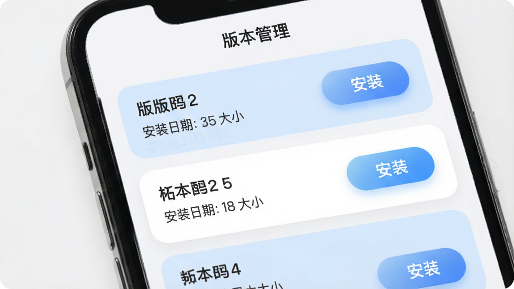 手机屏幕显示版本管理界面,多个版本卡片纵向排列,每个卡片上有版本号、安装日期、大小和“安装”按钮,卡片颜色交替为浅蓝和白色,顶部有“版本管理”标题,风格为柔和圆角,细节包括卡片圆角和按钮渐变,画质高清,干净,无多余元素