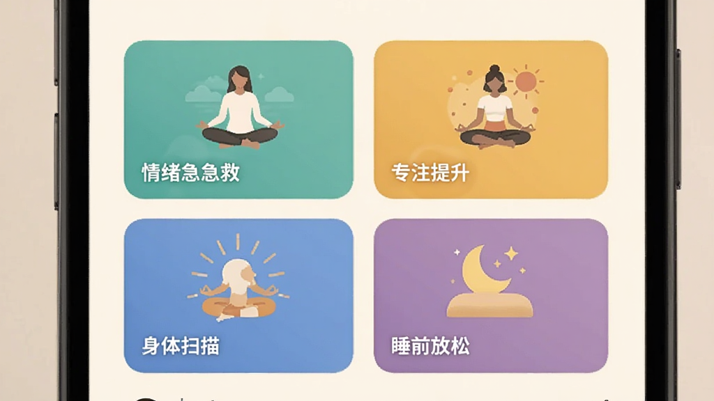 表面冥想应用内的冥想课程列表页面,手机屏幕显示四个彩色课程卡片,分别标注情绪急救、专注提升、身体扫描、睡前放松,每张卡片配有简约插画图标,背景为米白色,排版整齐,风格温暖柔和,画质清晰,干净无多余元素