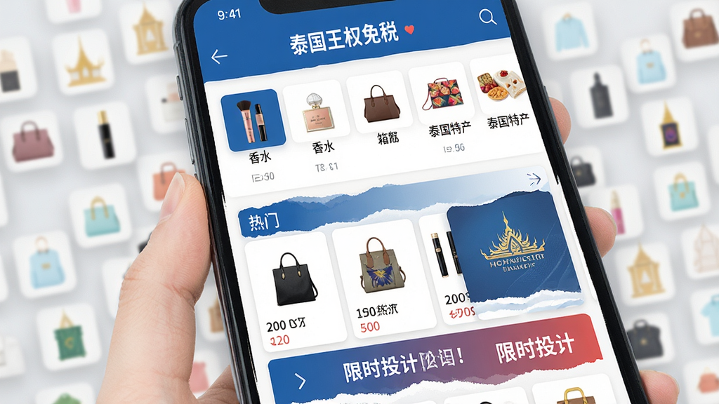 手机屏幕中展示泰国王权免税APP首页界面,页面顶部有“泰国王权免税”中文标题,商品分类图标整齐排列,美妆、香水、箱包、泰国特产等类目清晰可见,下方有热门商品推荐卡片和限时折扣横幅,整体布局采用蓝白配色,风格清爽现代,扁平化UI设计,细节精致,画质高清,画面干净,无多余元素