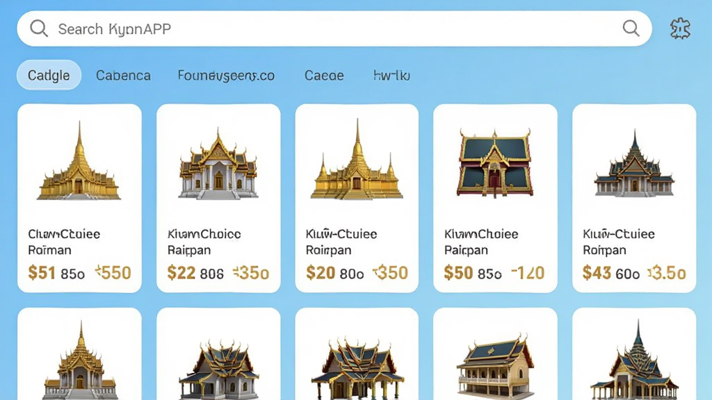 泰国王权免税APP商品分类页面截图风格,画面中央展示多个商品卡片整齐排列,卡片上有商品图片、品牌名称和价格标签,背景为浅蓝色渐变,顶部有搜索栏和分类标签,整体设计简洁明快,扁平化图标风格,细节清晰,画质干净无多余元素