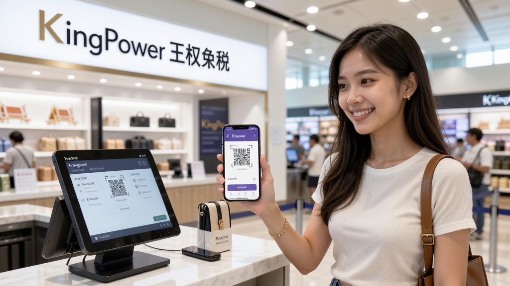 泰国王权免税APP使用场景图,画面中一位年轻女性在泰国机场免税店提货柜台前微笑展示手机上的订单提货码,背景有“KingPower王权免税”中文标识,环境明亮整洁,风格写实摄影,细节丰富,画质高清,画面干净无多余元素