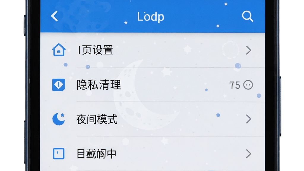 月亮浏览器设置界面展示,手机屏幕显示设置菜单列表,包含主页设置、隐私清理、夜间模式等选项,界面排版整齐,风格清爽,细节清晰,画质高清,无多余元素