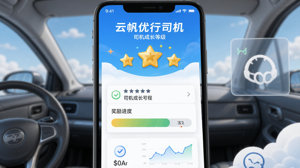 云帆优行司机端司机成长等级页面展示,包含星级评分与奖励进度条,界面设计激励感强,配色明亮积极,画面干净整洁,高清画质