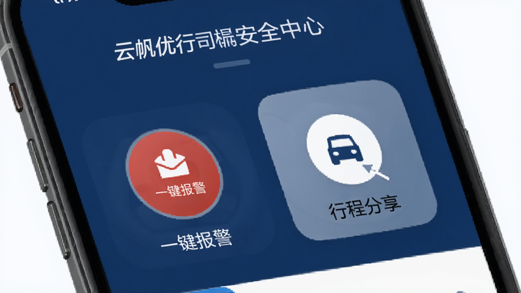 云帆优行司机端安全中心界面展示,包含一键报警按钮与行程分享功能图标,界面设计稳重可靠,背景为深蓝色调,画面干净利落,高清画质
