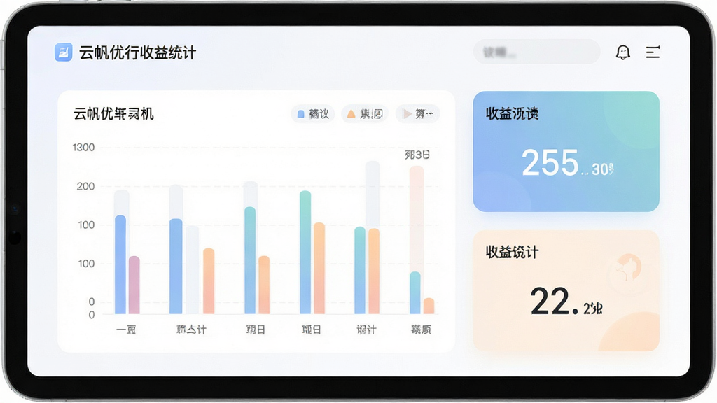 云帆优行司机端收益统计页面截图风格展示,包含柱状图与数字面板,整体配色柔和,数据展示直观清晰,背景简洁,画面干净无杂乱元素,高清画质