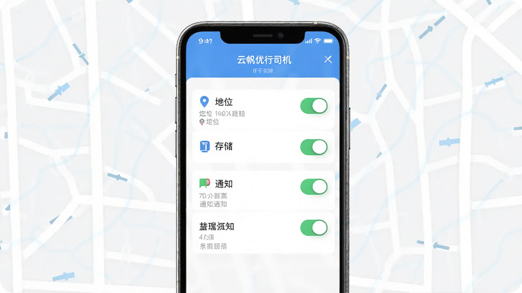 一张手机屏幕展示云帆优行司机端权限设置界面的示意图,包含定位、存储、通知等权限开关,界面清晰,背景简洁,画面干净,高清画质