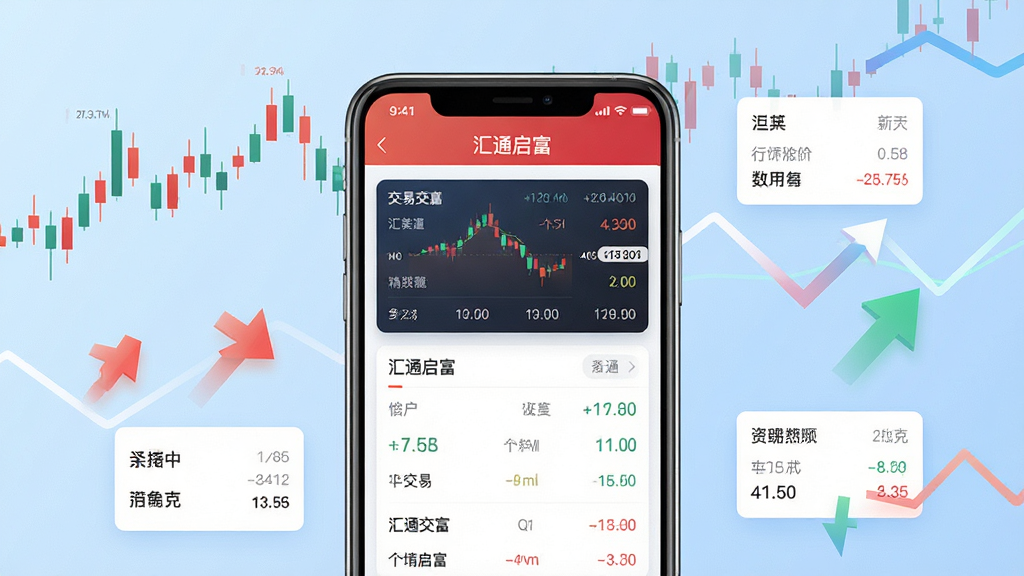 一张展示汇通启富手机应用界面的场景图,画面中央是一部竖屏智能手机,屏幕上显示汇通启富的行情报价与交易功能模块,背景为简洁的浅蓝色渐变,周围环绕着K线图、涨跌箭头与数据卡片等金融元素,整体布局干净有序,风格现代科技感,细节清晰,画质高清,无多余杂物。