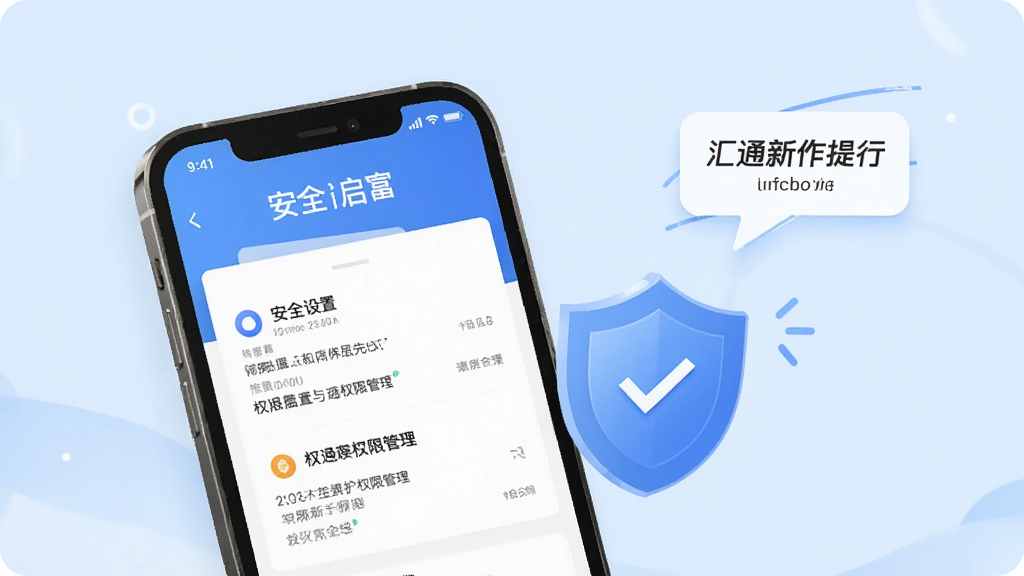 汇通启富新手操作提示图,画面中手机屏幕显示安全设置与权限管理页面,旁边有盾牌与提示气泡,背景为浅蓝色,风格简洁明快,布局清晰,画质干净,无多余元素。