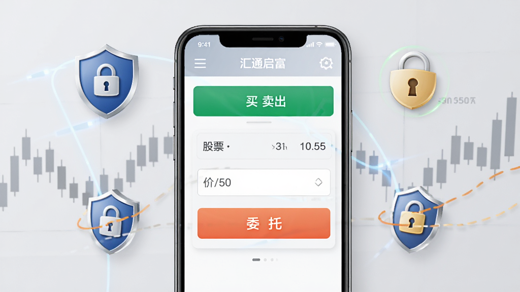 汇通启富交易下单界面示意图,画面中手机屏幕显示买入卖出面板,包含股票代码、价格输入框与委托按钮,周围有盾牌与锁形安全图标点缀,背景为浅灰色商务风格,构图居中,细节清晰,画质干净,无多余装饰。