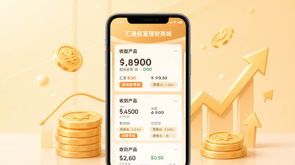 汇通启富理财商城页面展示图,手机屏幕中呈现多种理财产品卡片,包含收益率数字与风险等级标签,背景为柔和的暖色调,周围有金币与增长曲线元素,风格亲切实用,构图平衡,画质细腻,无多余杂物。