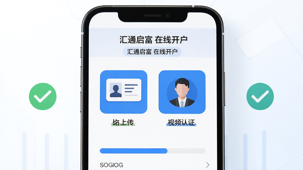 一部手机展示汇通启富在线开户流程页面,屏幕中显示身份证上传与视频认证步骤图标,背景为明亮的白色与蓝色搭配,周围有对勾与进度条元素,风格简洁清晰,布局规整,画质高清,无多余干扰。