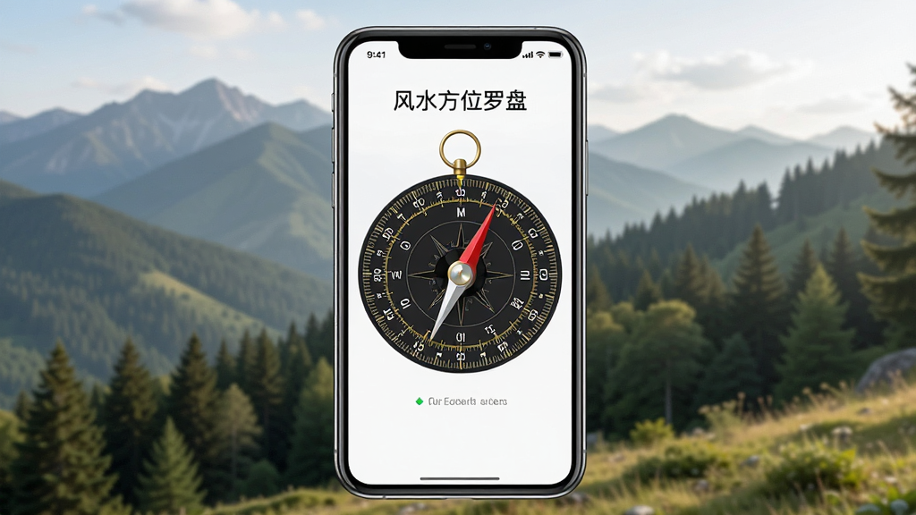 风水方位罗盘离线使用场景图,画面展示一部手机在户外山野环境中显示罗盘界面,背景为远山和树林,光线自然,布局以手机为中心,风格写实清新,细节包含手机屏幕上的罗盘刻度和指针,画质清晰,干净无多余元素,图片中打文字“风水方位罗盘”