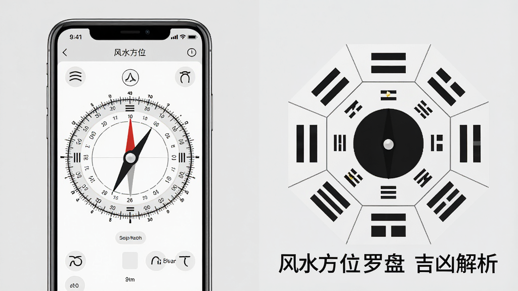 风水方位罗盘功能展示图,画面分为左右两部分,左侧展示手机屏幕上的数字罗盘界面,右侧展示八卦方位解析图表,背景为浅灰色极简风格,布局清晰,细节包含指针、刻度、卦象符号,画质高清,干净无多余元素,图片中打文字“风水方位罗盘 吉凶解析”