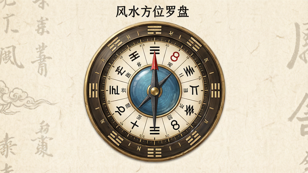 风水方位罗盘软件主界面,画面中央展示一款精致的数字罗盘,罗盘上清晰标注二十四山方位和八卦符号,背景为淡雅的米黄色宣纸纹理,整体风格古朴典雅,布局居中对称,细节包含指针、刻度线、天池等元素,画质清晰,干净无多余元素,图片中打文字“风水方位罗盘”