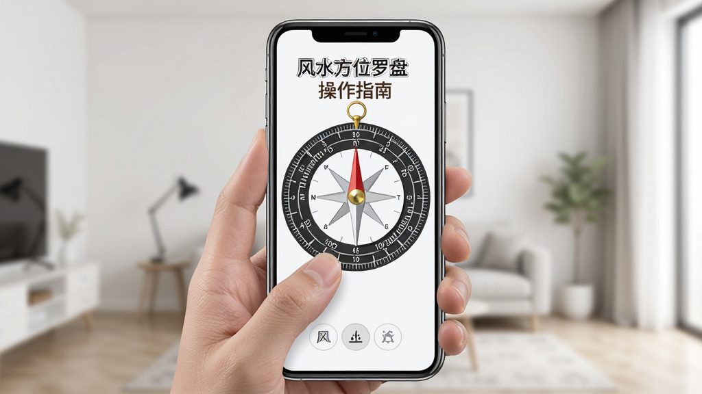 风水方位罗盘手机操作示意图,画面展示一只手手持手机,手机屏幕上显示罗盘界面,背景为室内简约环境,布局以手机屏幕为中心,风格写实清晰,细节包含手指操作、罗盘刻度、指针,画质高清,干净无多余元素,图片中打文字“风水方位罗盘 操作指南”