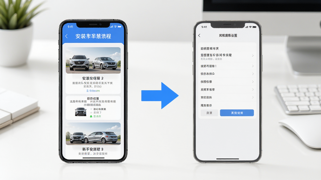 远程慧管车新手安装教程示意图,画面中一部手机展示安装步骤和权限设置界面,旁边有箭头标注,背景是简洁的桌面环境,风格清新明快,布局合理,排版清晰,细节到位,画质高清,干净无多余元素