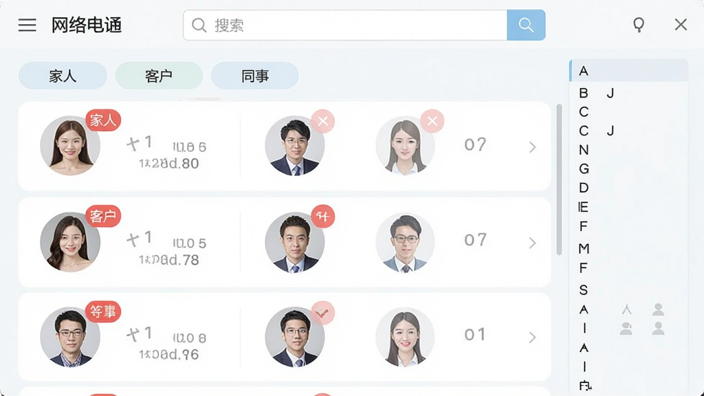 ����ͨ����绰ͨѶ¼�������棬����չʾ�����ǩ����ϵ��ͷ���б����������������Ҳ���ʾ��ĸ�����������Ϊ��ˬǳɫϵ��ϸ�ڰ��������ˡ����ͻ�����ͬ�¡�����������δ�������ɫ�Ǳ꣬�����������Ű�����