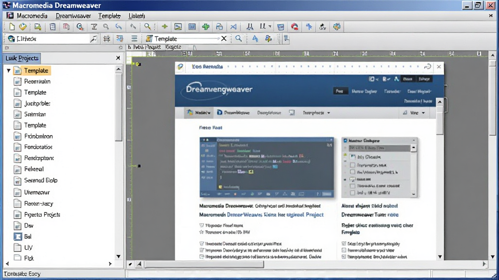 一张展示 Macromedia Dreamweaver 模板与库项目功能的图片,画面中显示模板文件列表和库项目面板,中间编辑区域展示一个基于模板创建的网页,软件名称