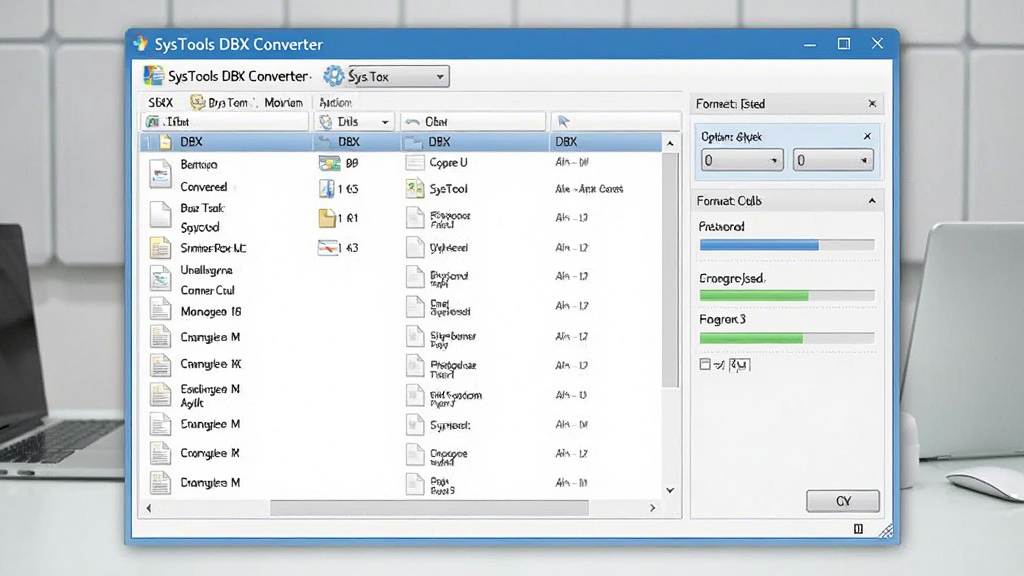 ����������չʾ������Ϊ SysTools DBX Converter �������ڣ������ʾ DBX �ļ��б����Ҳ�Ϊ��ʽת��ѡ����壬����Ϊ�ɾ���ǳ��ɫ�칫���棬�����רҵ��ϸ�ڰ����ļ�ͼ����������������������޶���Ԫ��