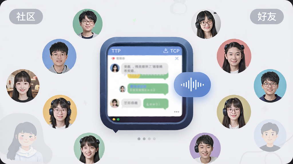 一张展示WeGame(原TGP)社交互动与社区生态的图片,画面中多位玩家头像围绕游戏图标排列,中央有聊天窗口和语音波形图标,背景为浅灰色调,带有