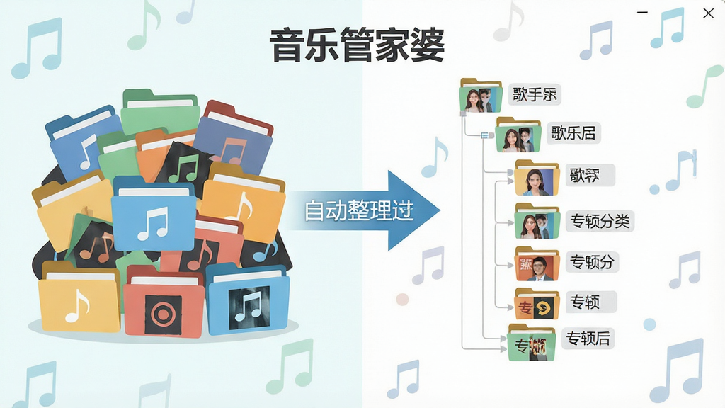 一幅展示音乐管家婆智能整理功能的示意图,画面左侧为杂乱的音乐文件堆,右侧为整理后按歌手和专辑分类整齐排列的文件夹树状图,中间用箭头连接表示自动整理过程,画面中出现软件名称“音乐管家婆”字样,风格为扁平化信息图,配色清新,布局左右对比鲜明,细节包括文件夹图标、音符图标、分类标签等,画质高清,干净,无多余元素