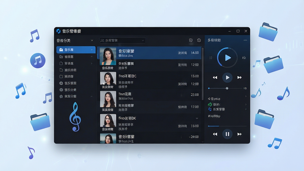 一幅展示音乐管家婆软件主界面的全景图,画面中央为软件窗口,左侧显示音乐分类目录,中间为歌曲列表,右侧为播放控制与信息面板,整体布局清晰,界面采用深色主题搭配蓝色高亮元素,窗口周围漂浮着音符图标与文件夹图标,背景为简洁的科技感渐变,风格为写实UI展示,细节包括歌曲名称、歌手、时长等文字信息清晰可见,画质高清,干净,无多余元素