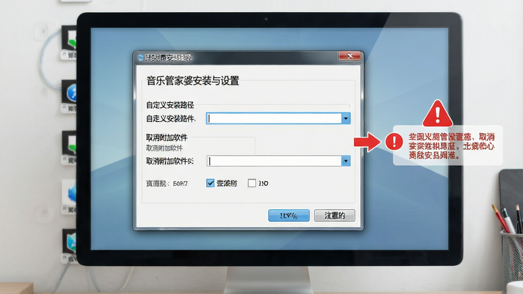 一幅展示音乐管家婆安装与设置界面的示意图,画面中为电脑屏幕显示安装向导窗口,窗口内包含“自定义安装路径”“取消附加软件”等选项,旁边有红色警示图标标注注意事项,背景为简洁的桌面环境,风格为写实软件界面截图,布局清晰,细节包括按钮、复选框、路径输入框等,画质高清,干净,无多余元素