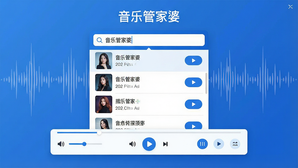 一幅展示音乐管家婆搜索与播放功能的场景图,画面中央为搜索框输入关键词后弹出的结果列表,下方为播放控制条,显示进度条、音量调节、播放模式按钮,界面风格为现代简约,配色以蓝白为主,背景中隐约可见声波纹理,画面中出现“音乐管家婆”文字标识,布局清晰,细节包括歌曲列表、专辑封面缩略图、播放按钮等,画质高清,干净,无多余元素