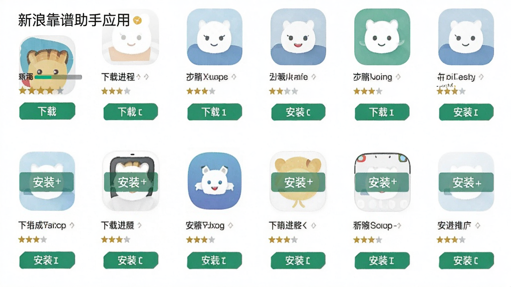 一张展示新浪靠谱助手应用下载界面的图片,主体为软件应用列表和下载按钮,布局为网格状排列的应用图标,排版整齐,风格为清新扁平化,细节包括下载进度条、星级评分、安装按钮等,画质高清,干净无多余元素