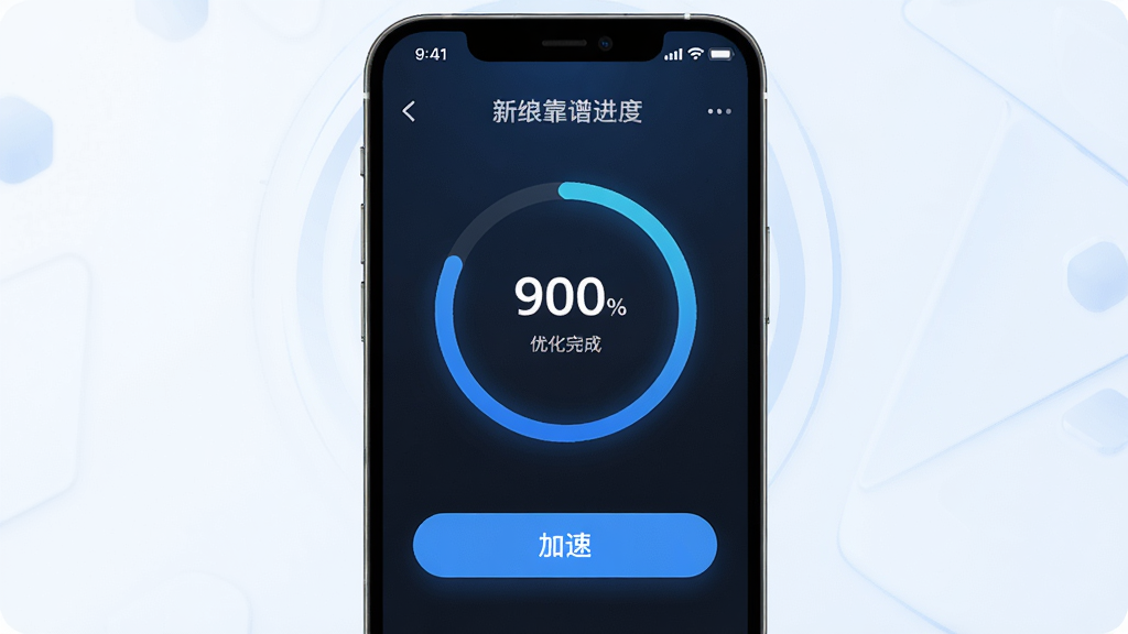 一张展示新浪靠谱助手手机优化功能的图片,主体为手机屏幕显示清理进度和加速按钮,布局为中央大圆环进度条,排版简洁,风格为科技蓝调,细节包括垃圾文件分类、内存占用百分比、优化完成提示等,画质高清,干净无多余元素