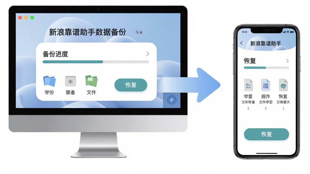 一张展示新浪靠谱助手数据备份界面的图片,主体为电脑和手机之间的数据传输箭头,布局为左右分栏,排版清晰,风格为柔和圆角设计,细节包括备份进度、文件类型图标、恢复按钮等,画质高清,干净无多余元素