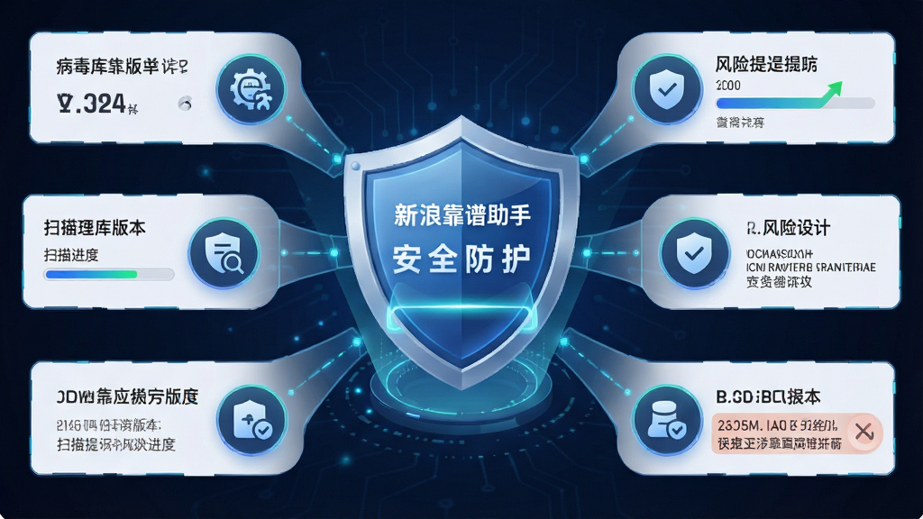 一张展示新浪靠谱助手安全防护功能的图片,主体为盾牌图标和扫描界面,布局为中央盾牌加四周辐射状检测项,排版对称,风格为安全科技风,细节包括病毒库版本、扫描进度、风险提示等,画质高清,干净无多余元素